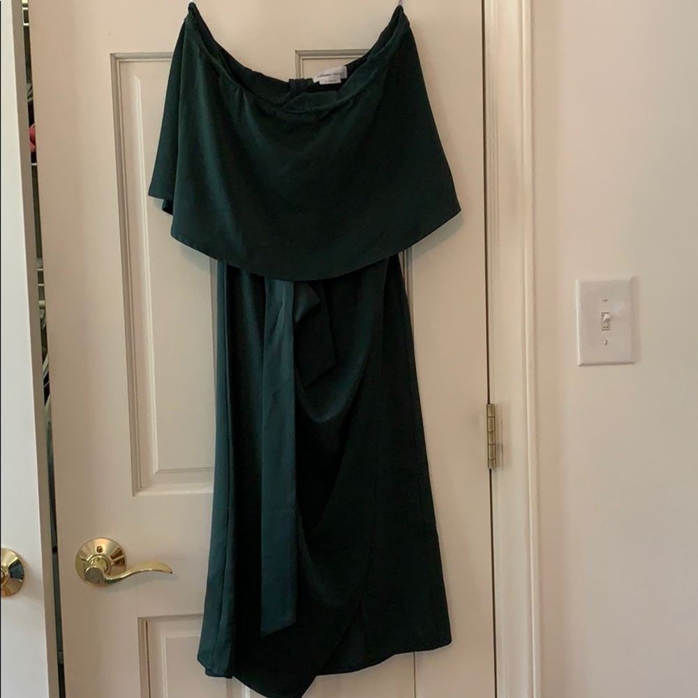 Green strapless dress.